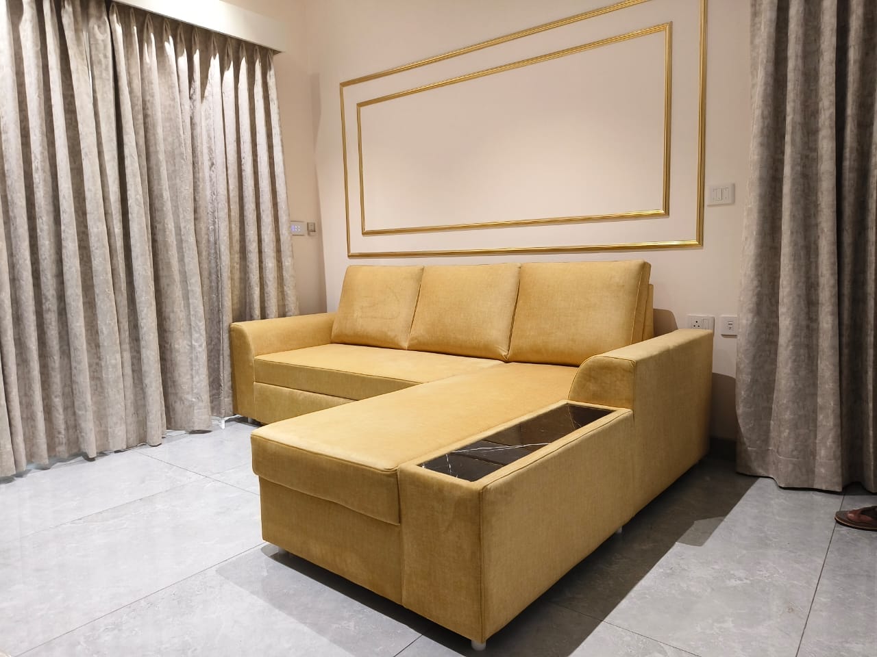 Golden Velvet L-Shape Sofa with Storage